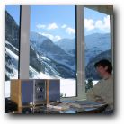 View from our hotel room. I'm in agony here as my face is quite burned following a walk on frozen Lake Louise where the sun reflected off the snow onto my lily white visage!