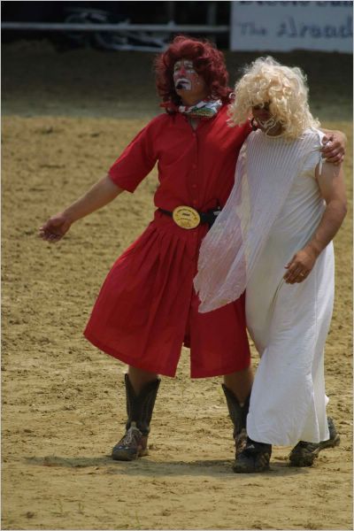 The Rodeo Clowns miming to some country & western warble!!! These guys work hard as they entertain the crowds while the cowboys get ready!