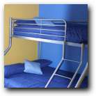 Single on top with double on bottom aluminium-look bunk bed with royal blue bed linen 