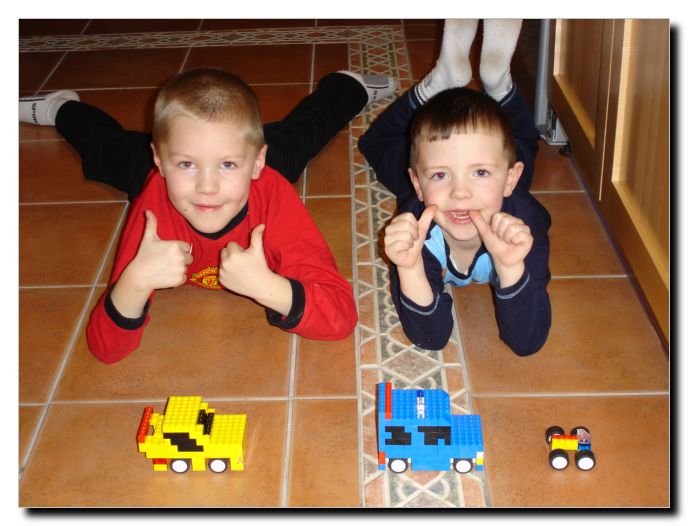 Kyle and Jordan with their Lego cars while on their sleepover with their Aunties