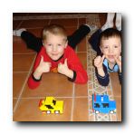 Kyle and Jordan with their Lego cars while on their sleepover with their Aunties